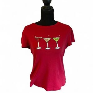 Women’s Red Graphic Baby Tee with Cocktail Design, Size Large